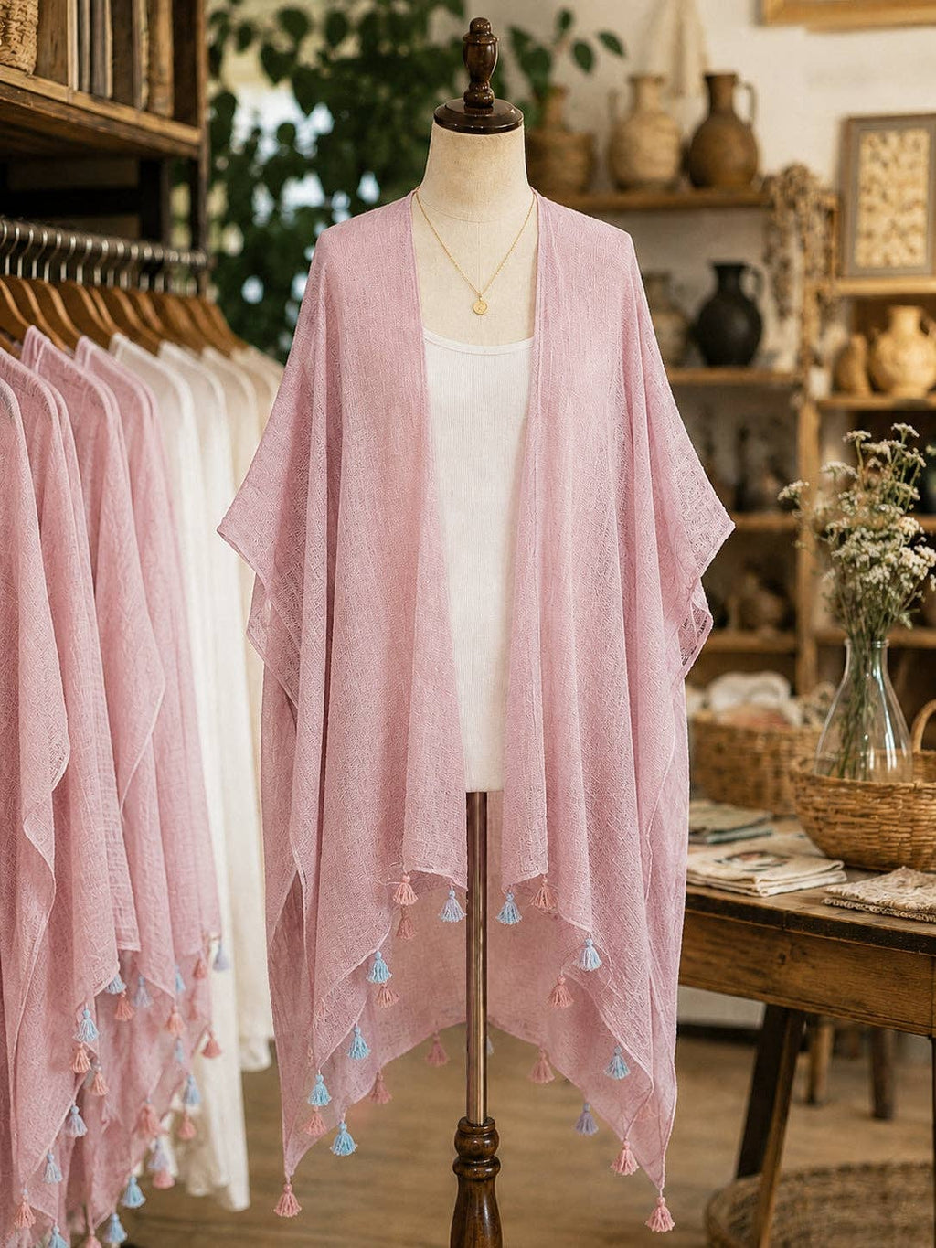 JC062614 Bohemian Stonewashed Cotton Kimono Wrap with Handmade Tassels