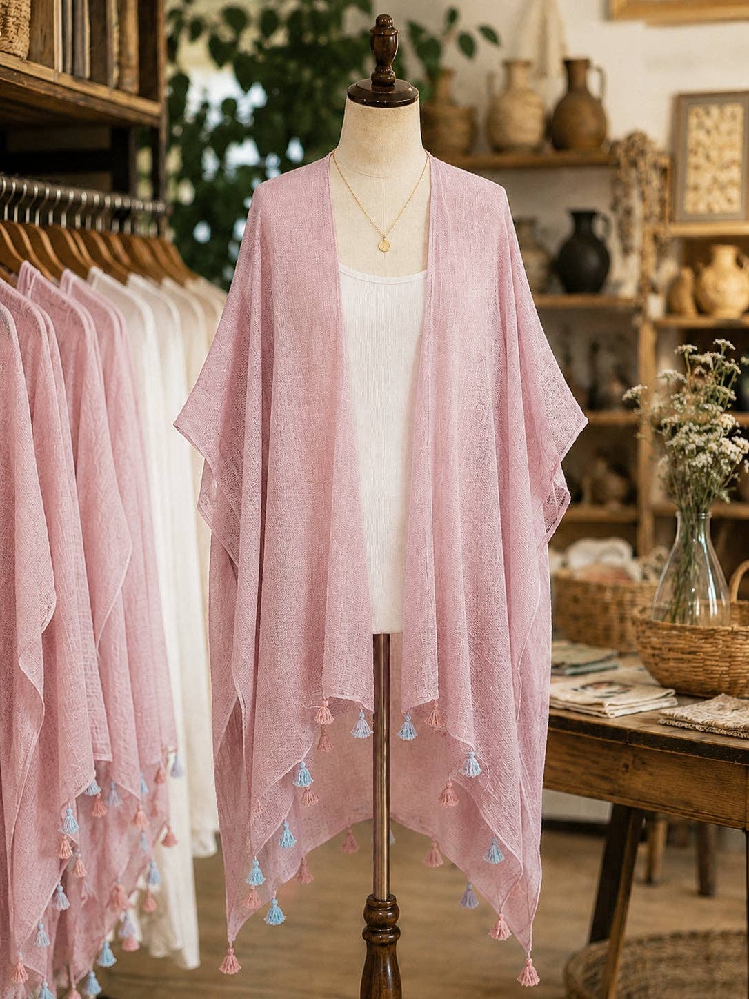 JC062614 Bohemian Stonewashed Cotton Kimono Wrap with Handmade Tassels