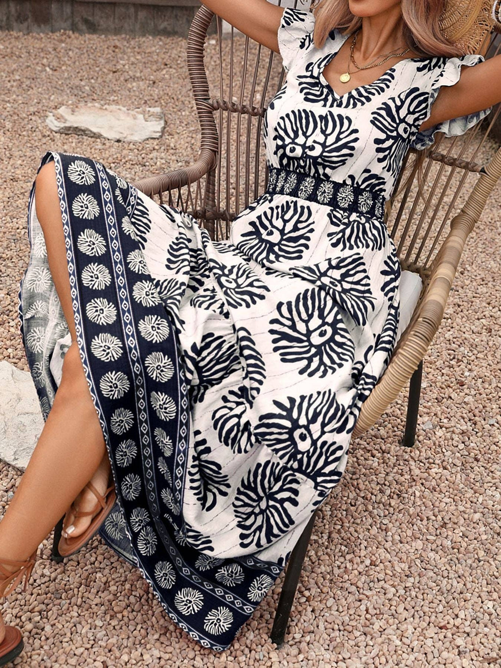 Boho Leather Pink Print V Neck Flutter Sleeve Maxi Dress