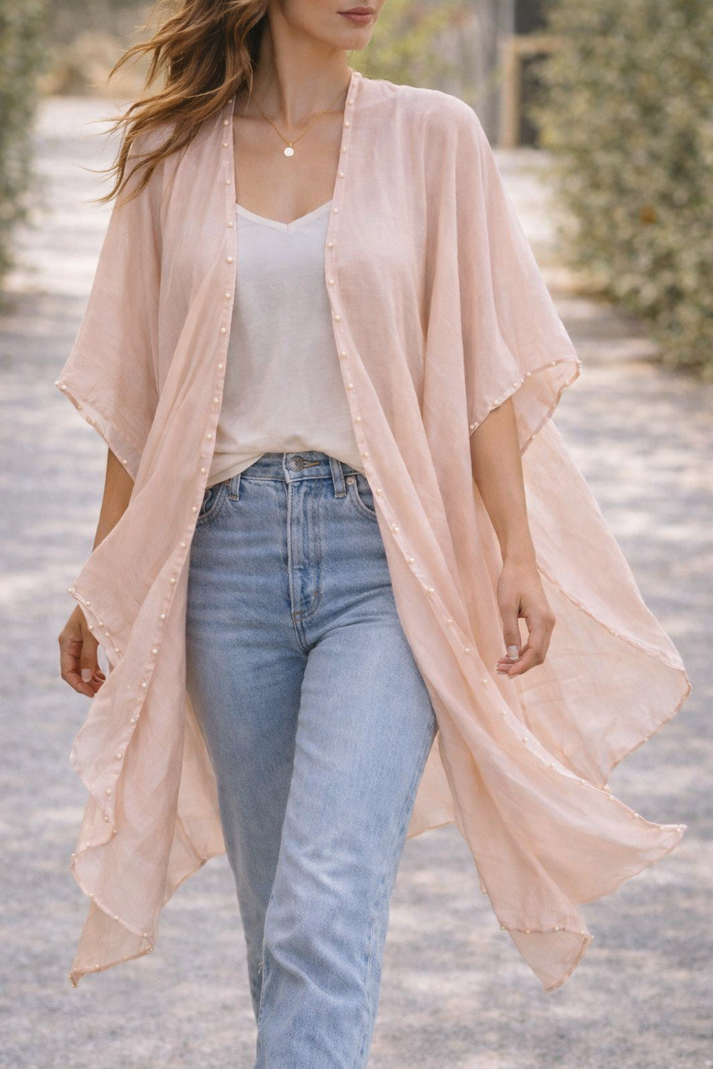 JC062557 Airy Pearl-Trim Silk-Blend Layering Kimono Cover-Up