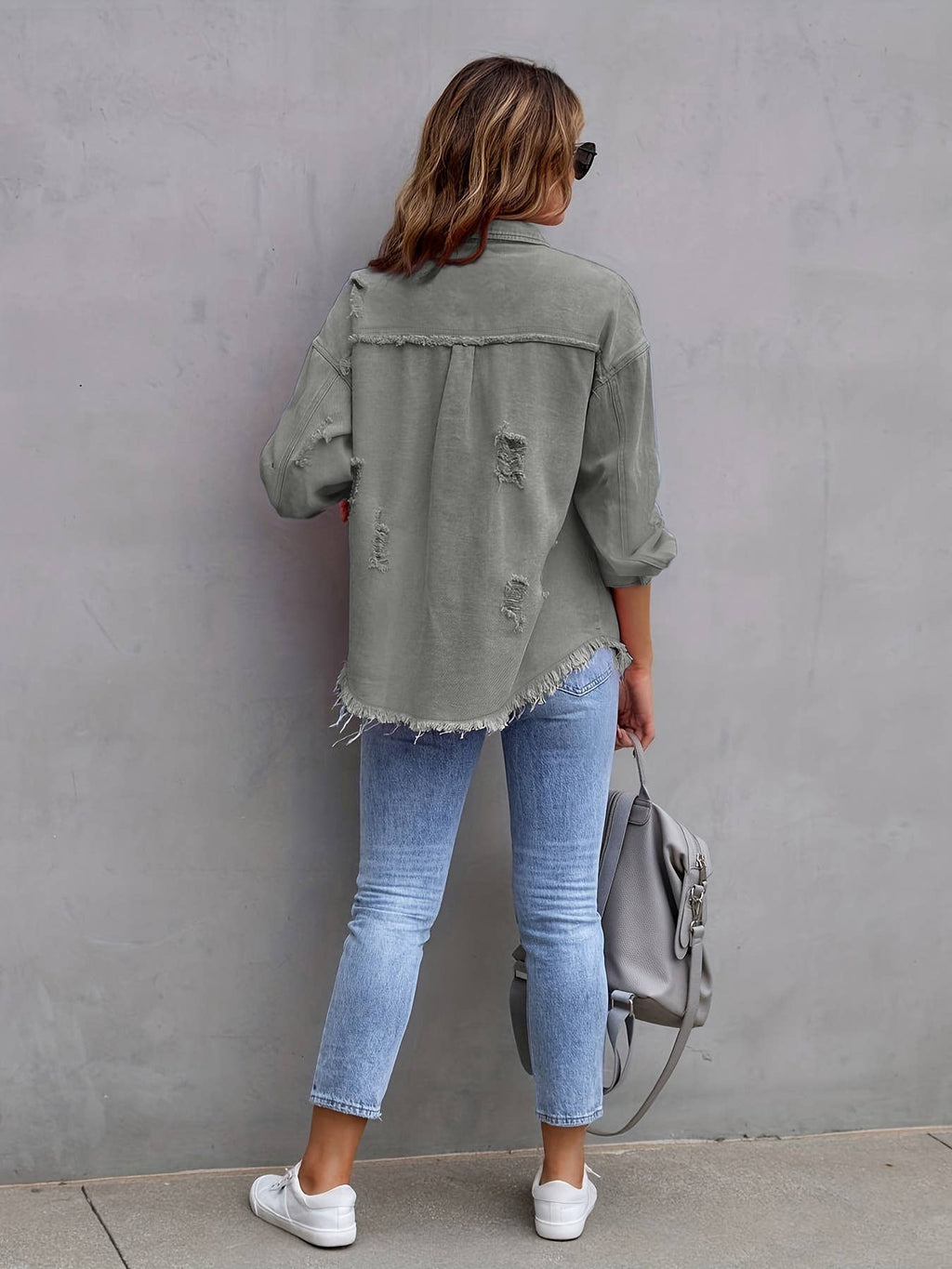 Ripped Long-Sleeved Denim Jacket