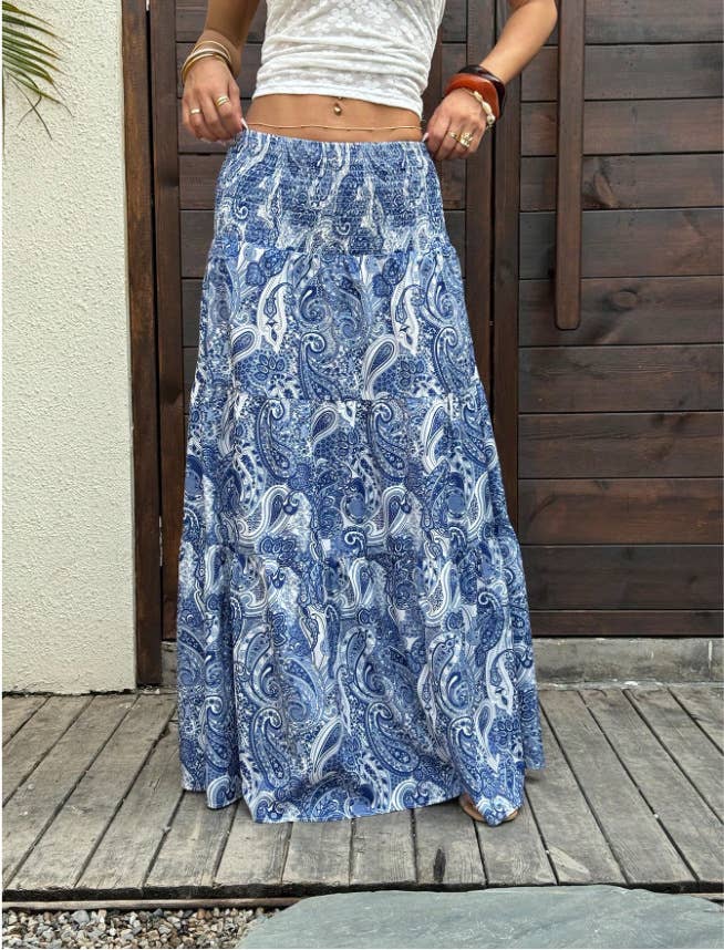 Beach Boho Floral Paisley Smocked Waistband Maxi Skirt