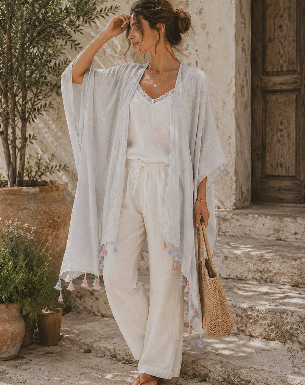 JC062614 Bohemian Stonewashed Cotton Kimono Wrap with Handmade Tassels