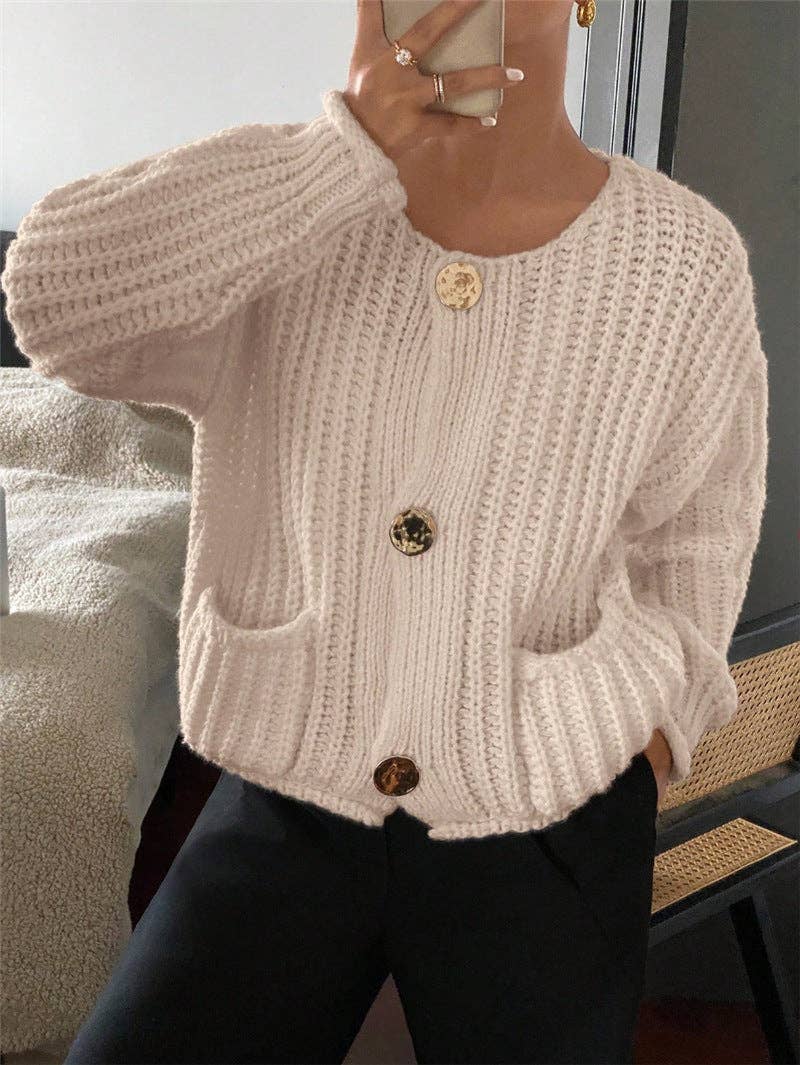 Round Neck Loose Long Sleeve Knit Cardigan MK2BLW6W1SCD17