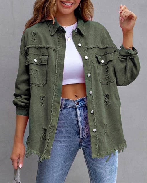 Ripped Long-Sleeved Denim Jacket