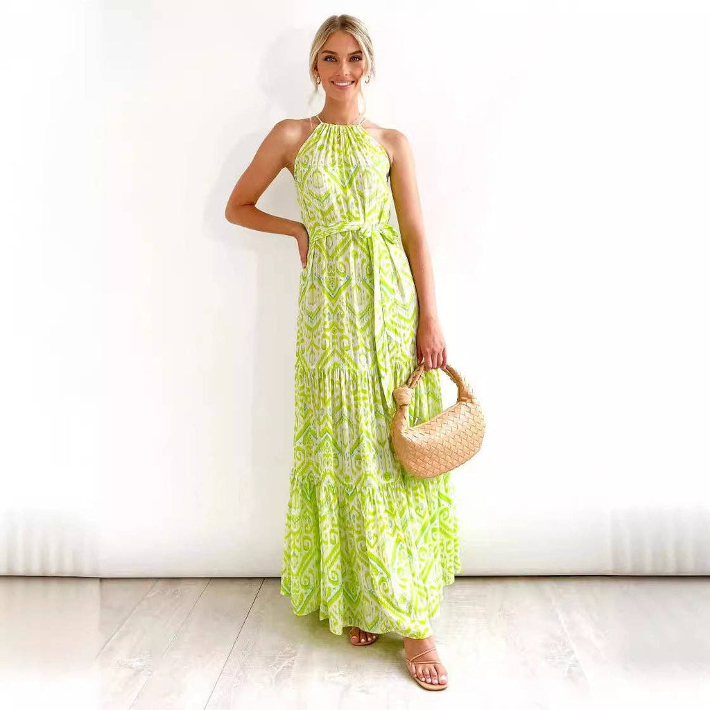 Women High Waist Beach Print Halter Dress
