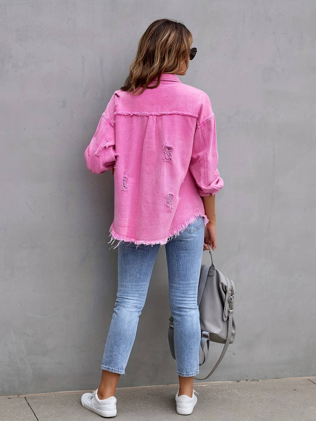 Ripped Long-Sleeved Denim Jacket