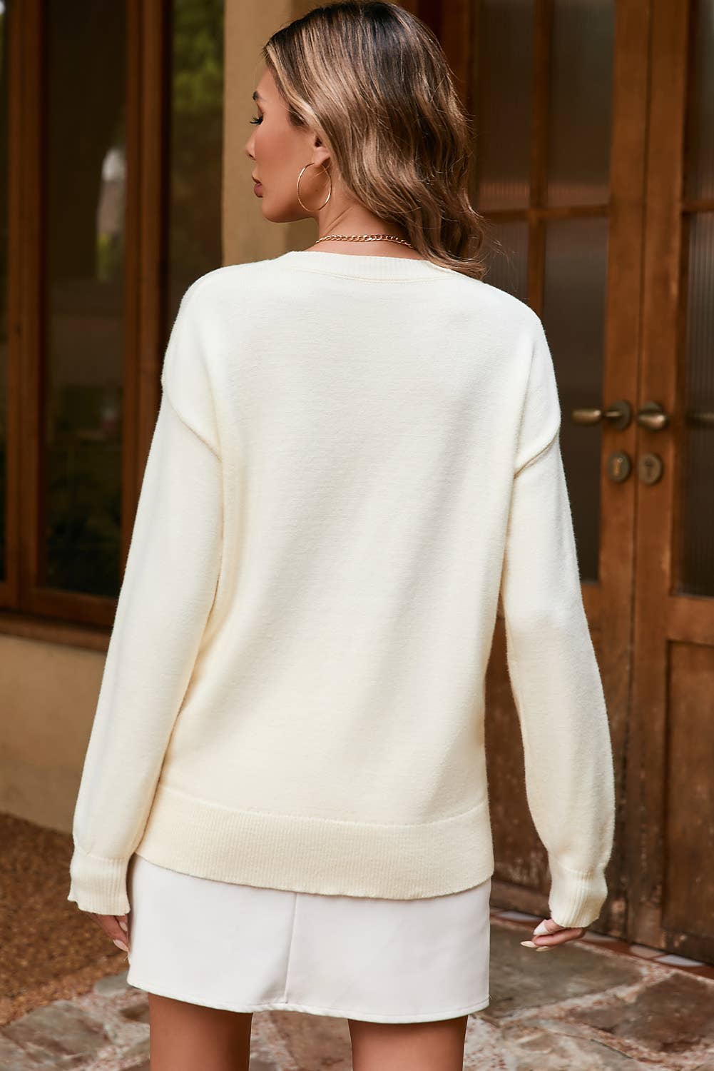 Boo Knitted Pattern Ribbed Edge Drop Shoulder Sweater