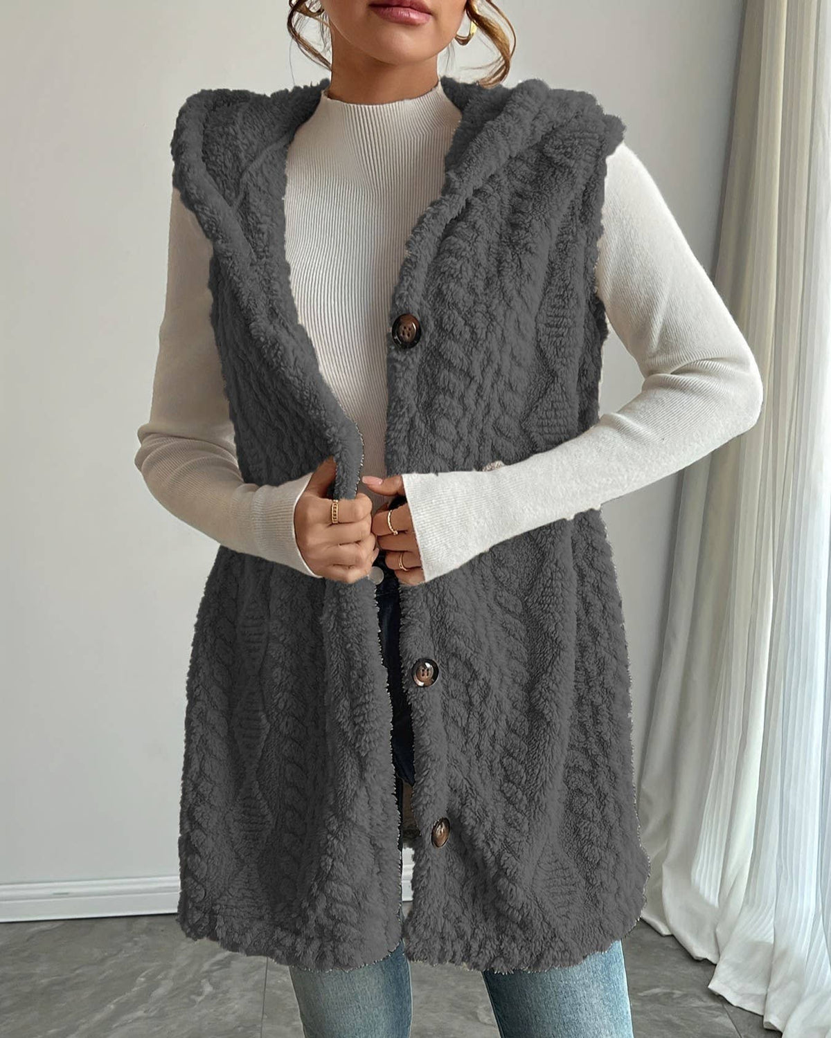 Double-sided Plush Hooded Button Vest