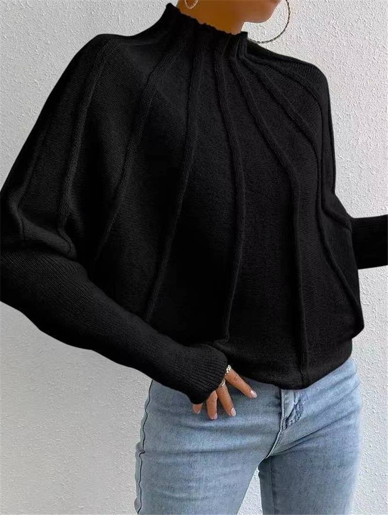 Wide Ribbed Mock neck Batwing Sleeve knit sweater