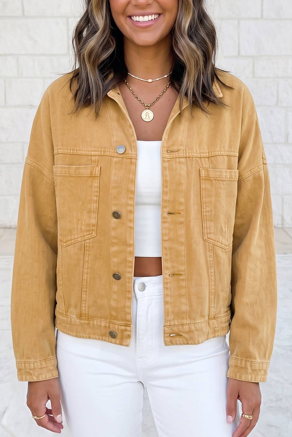 Metal Button Front Long Sleeve Collar Denim Jacket