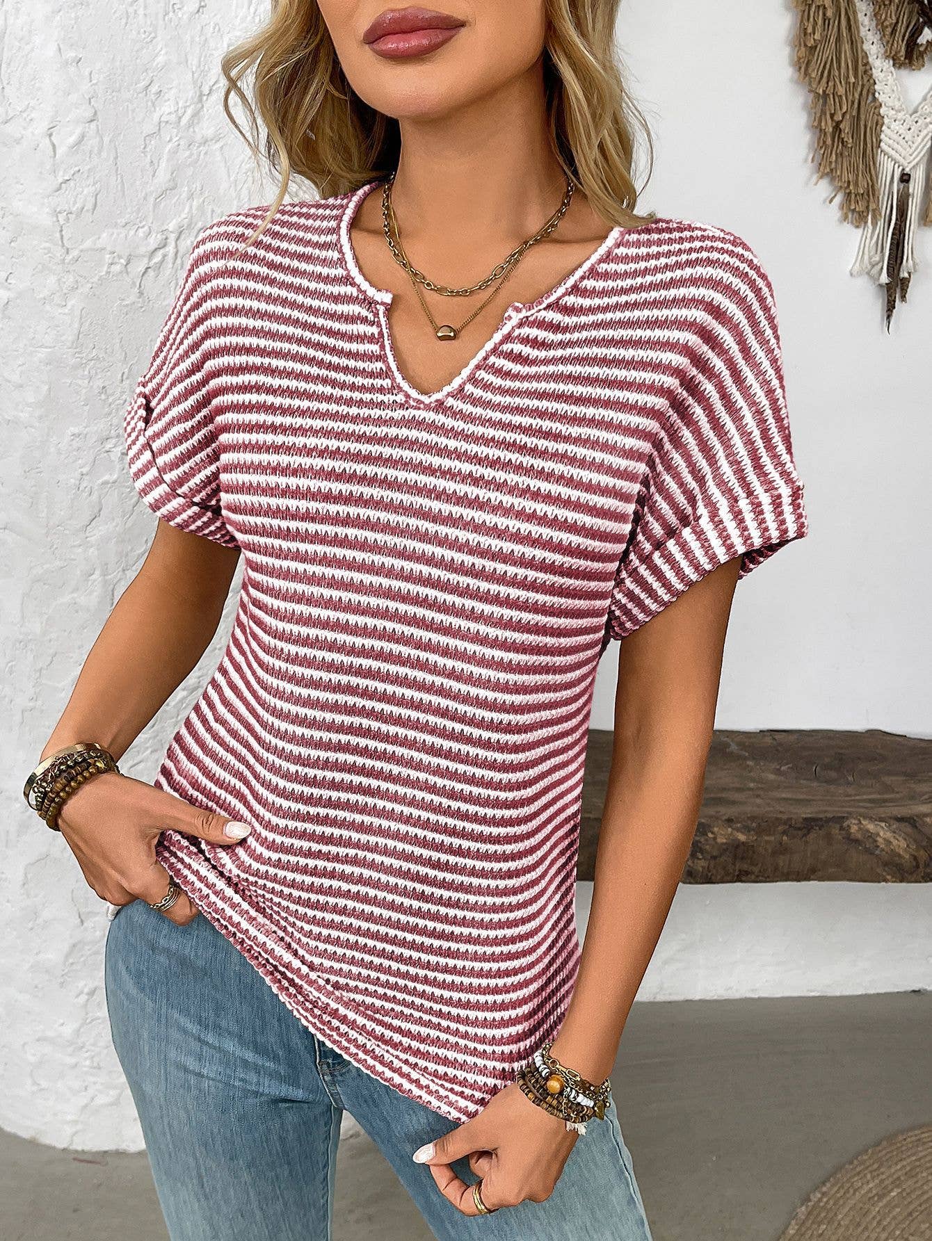 V-neck loose striped casual pullover T-shirt