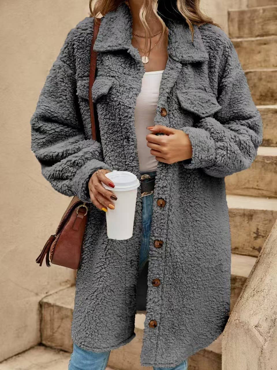 Women's Fleece Button-Front Cardigan Jacket with Pockets