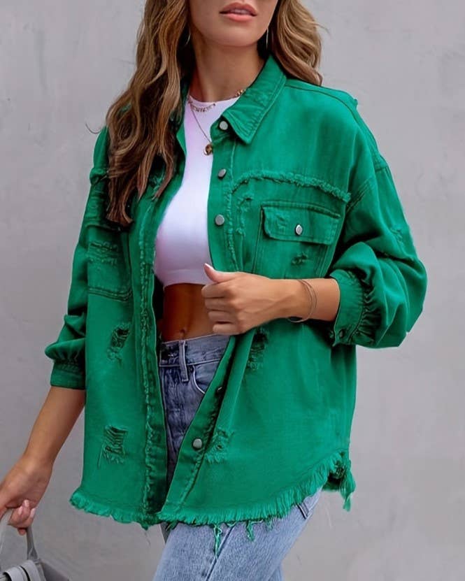 Ripped Long-Sleeved Denim Jacket