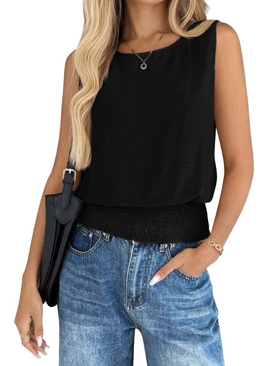 Casual Solid Color Round Neck Sleeveless Hem‑Gathered Vest