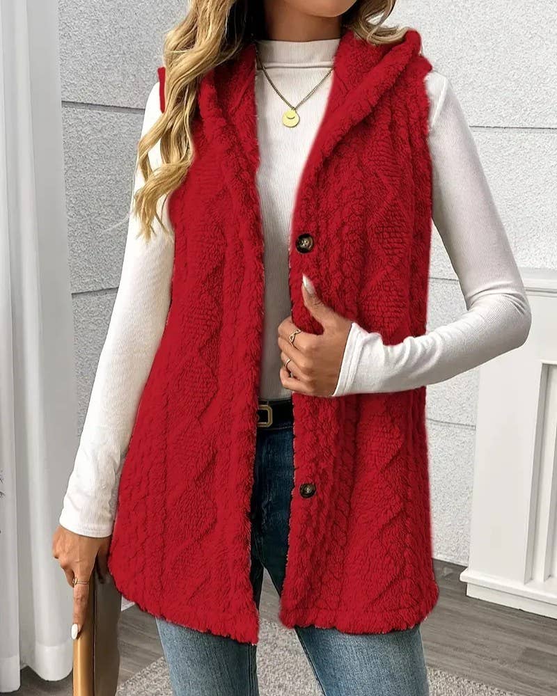 Double-sided Plush Hooded Button Vest