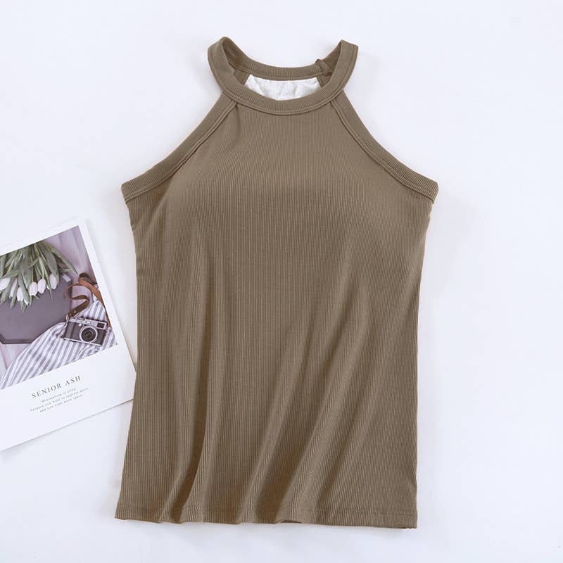 Basic Round neck halter rib knit built-in bra tank top