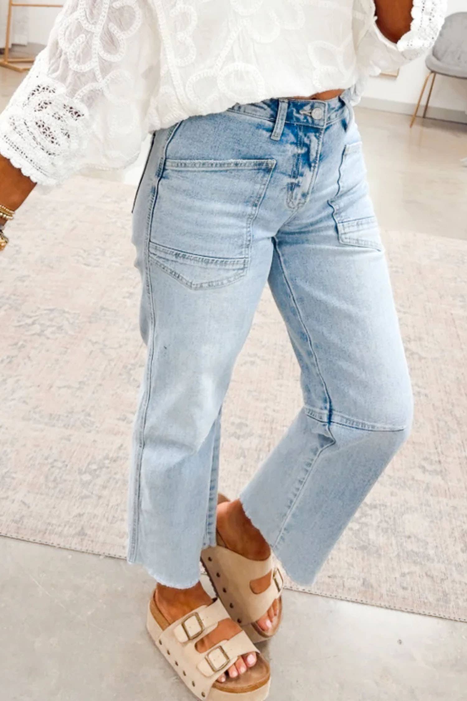 Solid Frayed Regular Cropped Light Wash Denim Jeans 4-4X