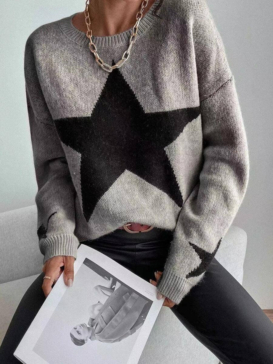 Round Neck Star Jacquard Pullover Sweater DPT1427