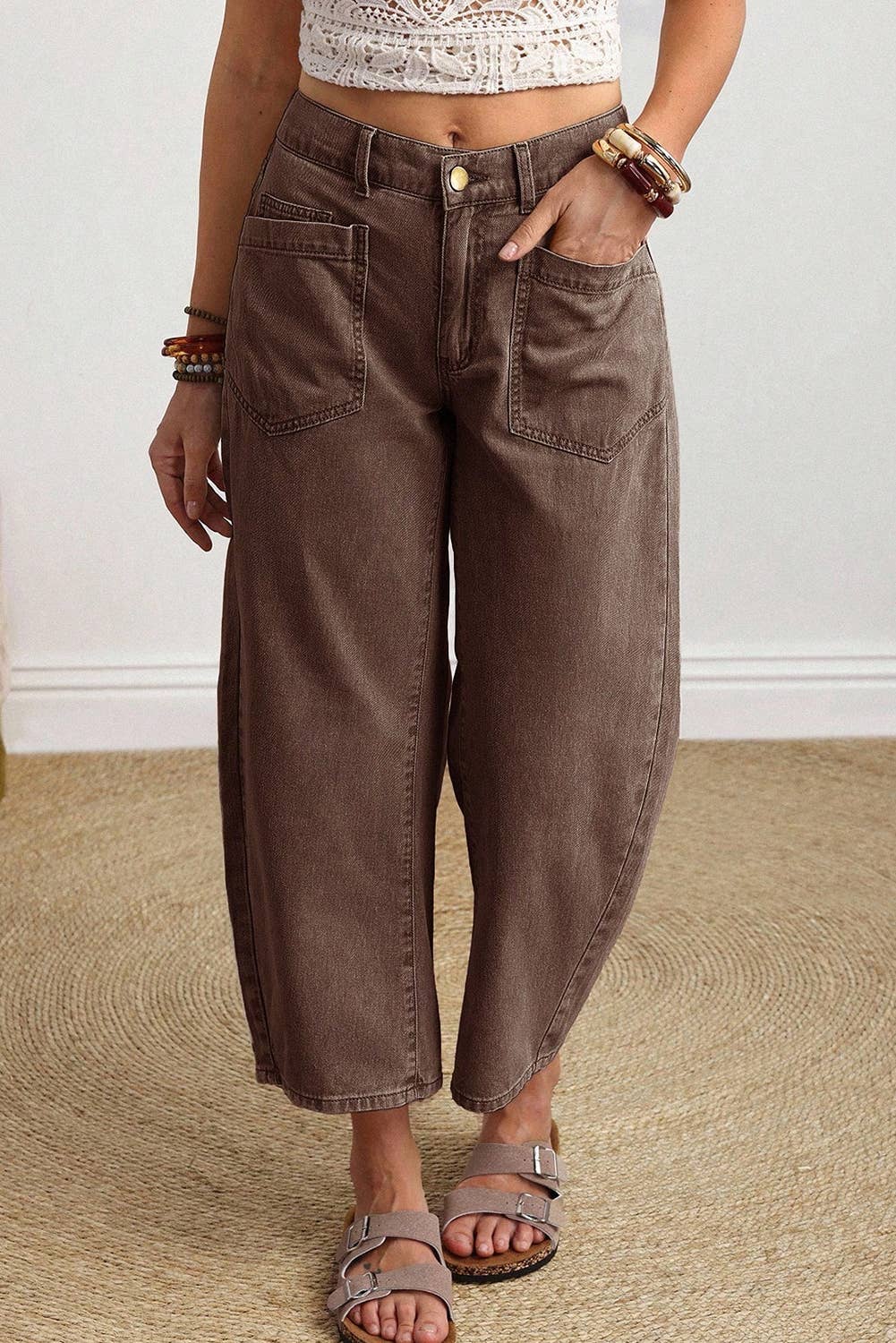 Solid Color Square Patch Pocket Ankle-length Barrel Jeans