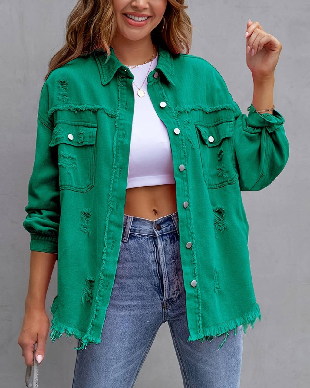 Ripped Long-Sleeved Denim Jacket