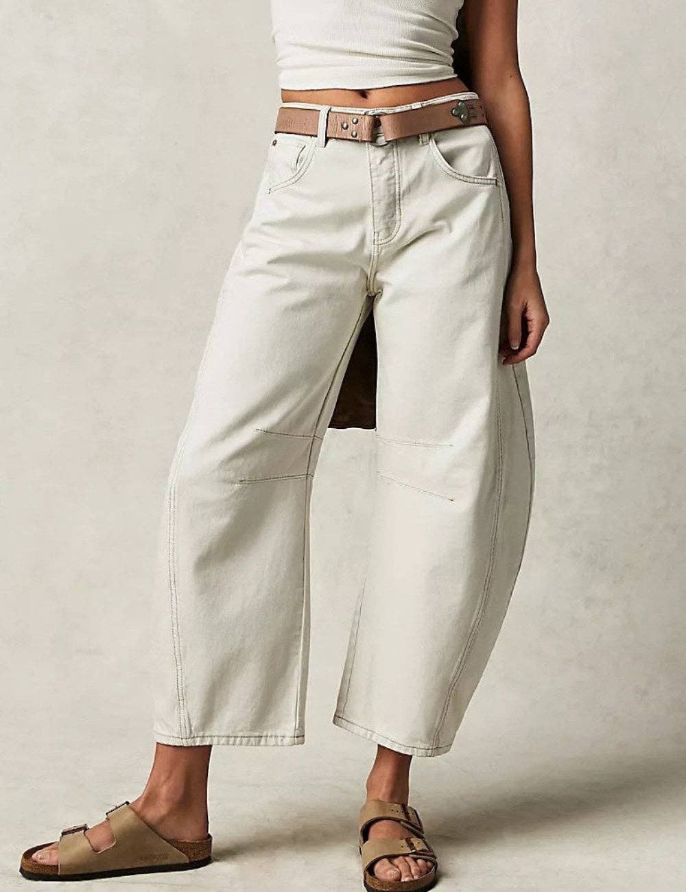 Washed White Mid Rise Loose Barrel Jeans