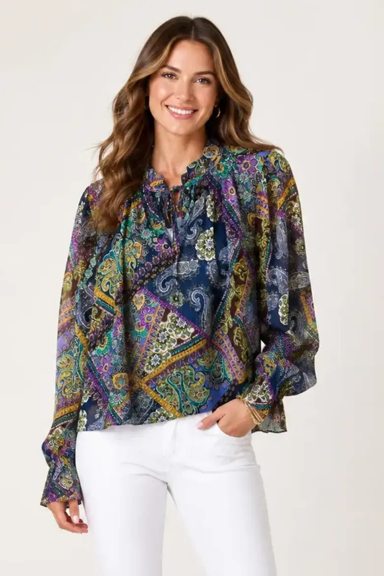 Floral Lurex Tie Front Blouse