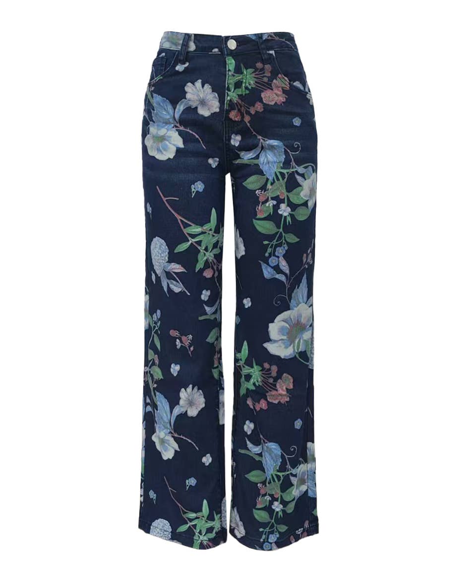 Floral printed blue jeans Straight Leg Long Pants