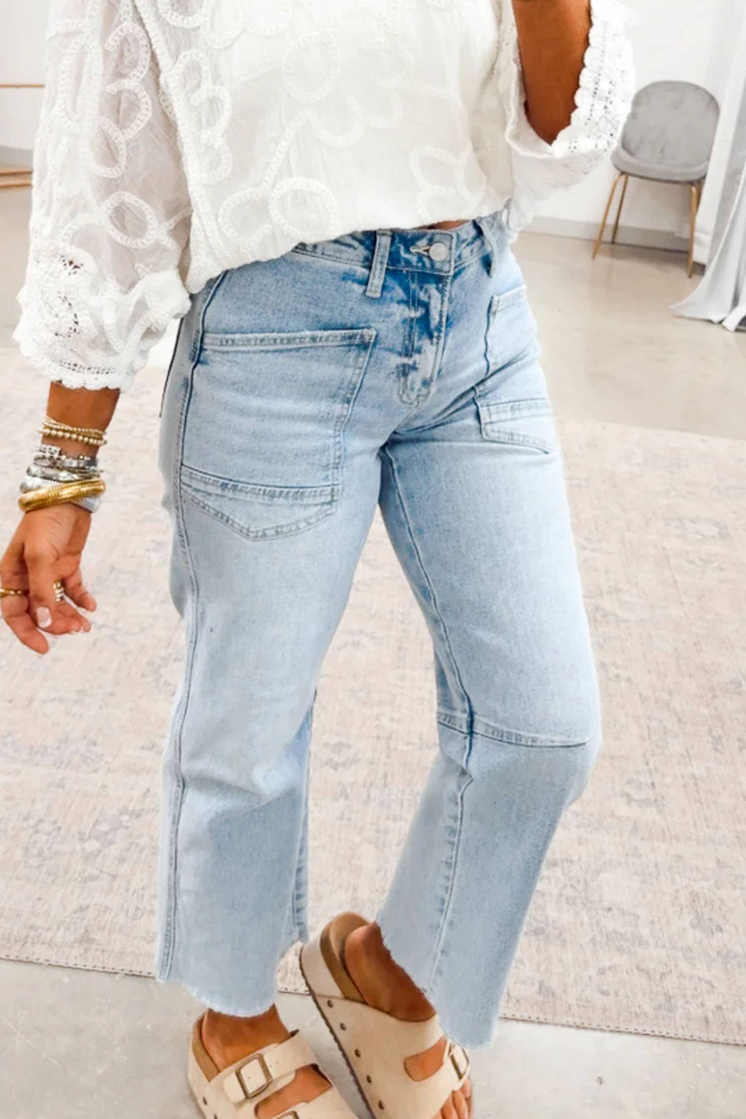 Solid Frayed Regular Cropped Light Wash Denim Jeans 4-4X