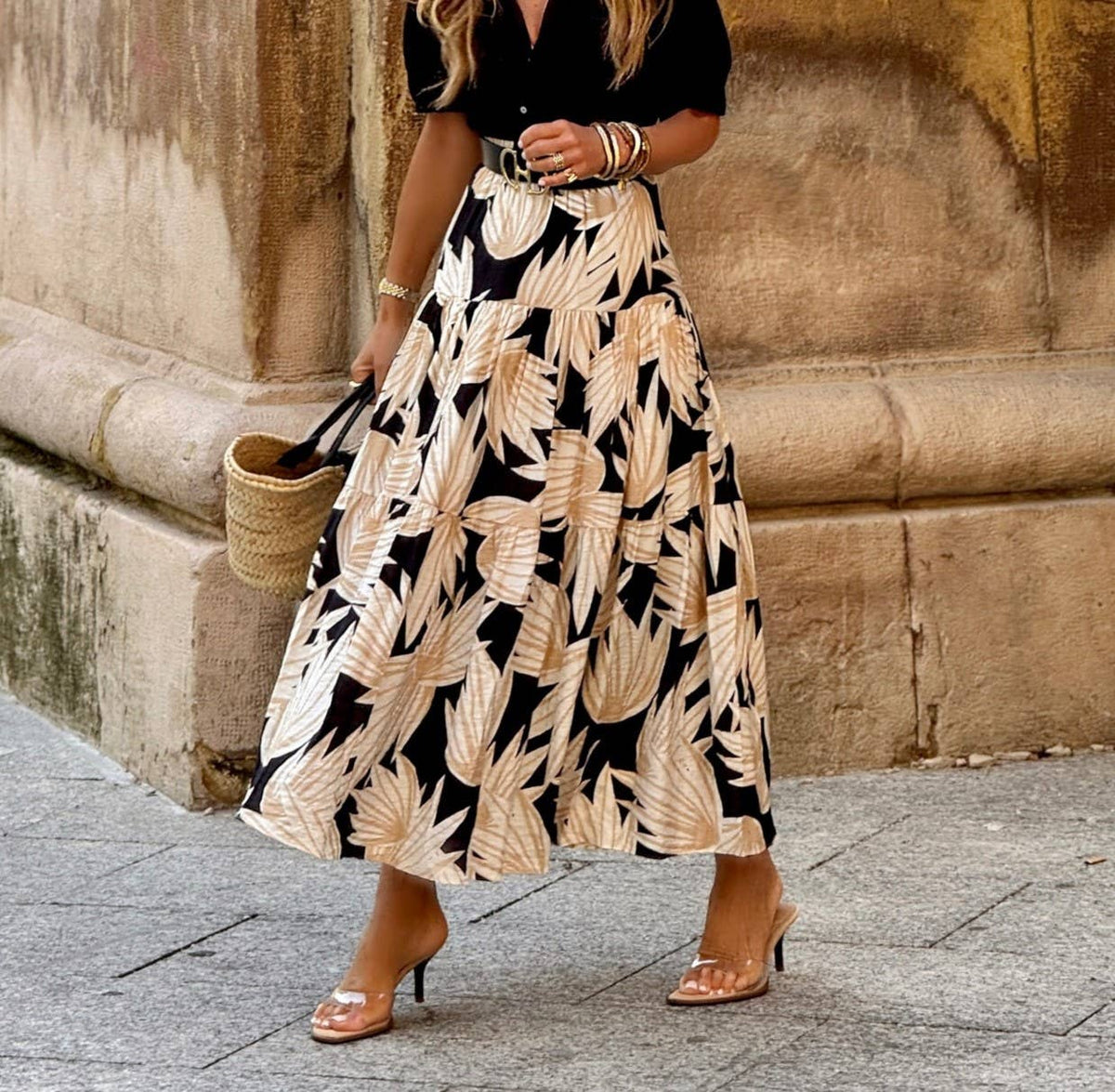 Vintage Print Elasticated Waisted Casual Skirt
