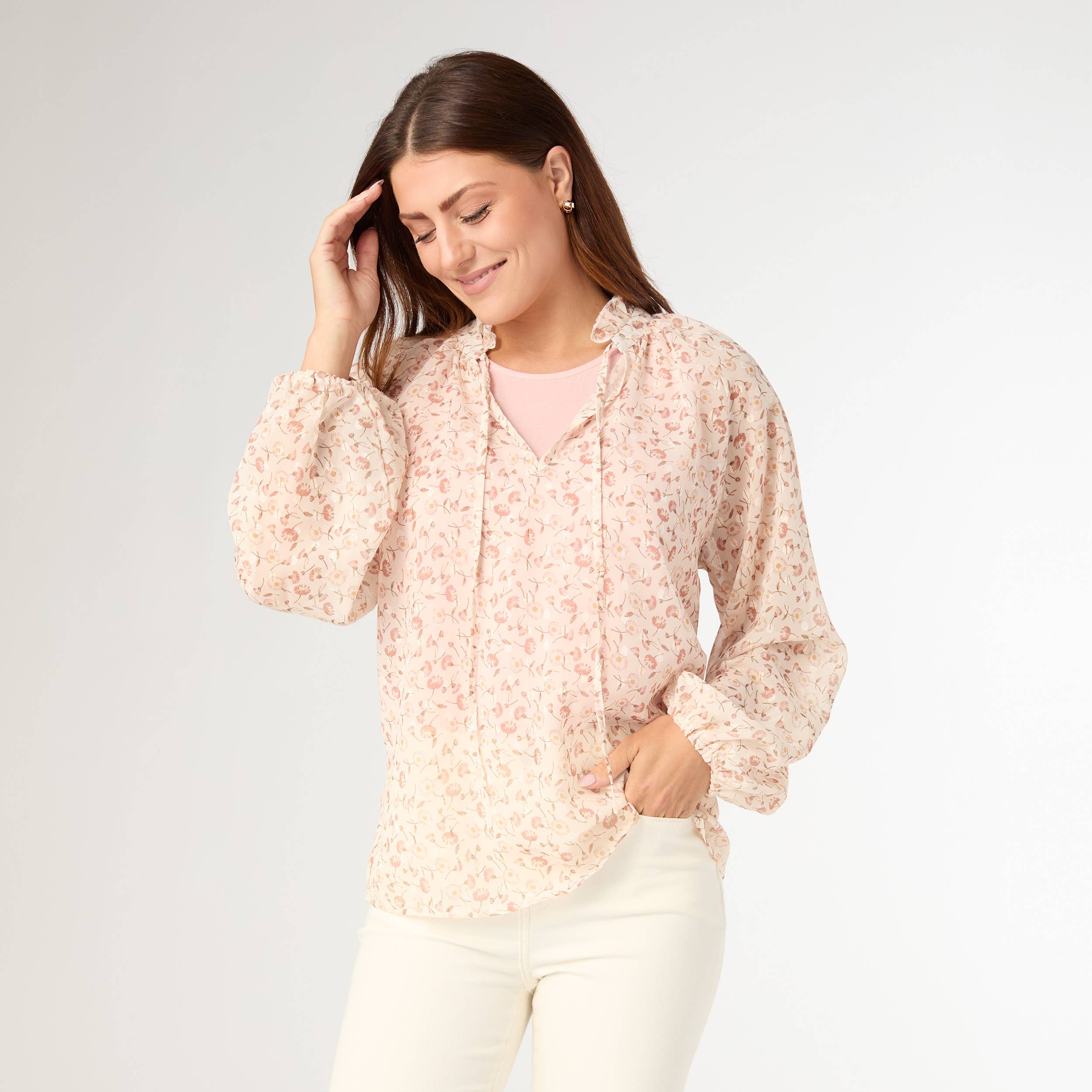 Maggie Flowy Chiffon V-Neck Top with Lurex