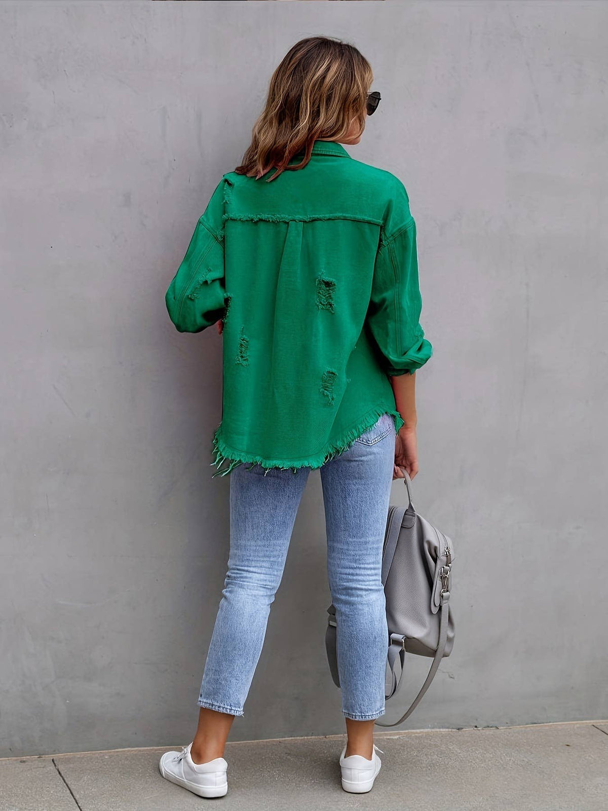Ripped Long-Sleeved Denim Jacket