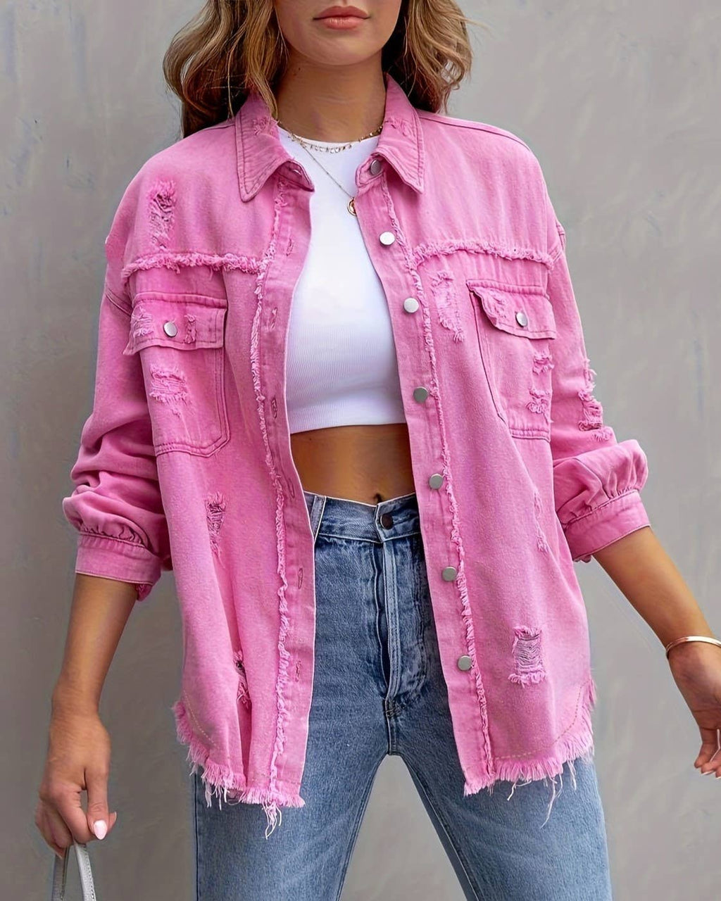 Ripped Long-Sleeved Denim Jacket