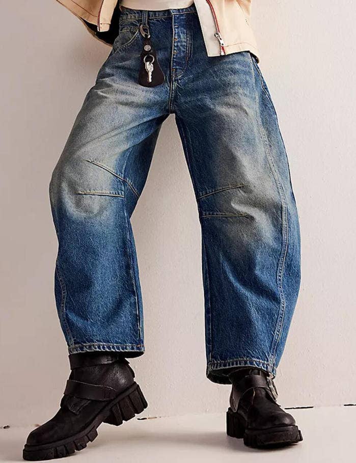 Washed White Mid Rise Loose Barrel Jeans