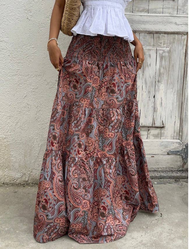 Beach Boho Floral Paisley Smocked Waistband Maxi Skirt