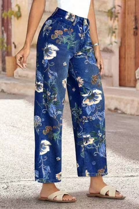 Floral printed blue jeans Straight Leg Long Pants