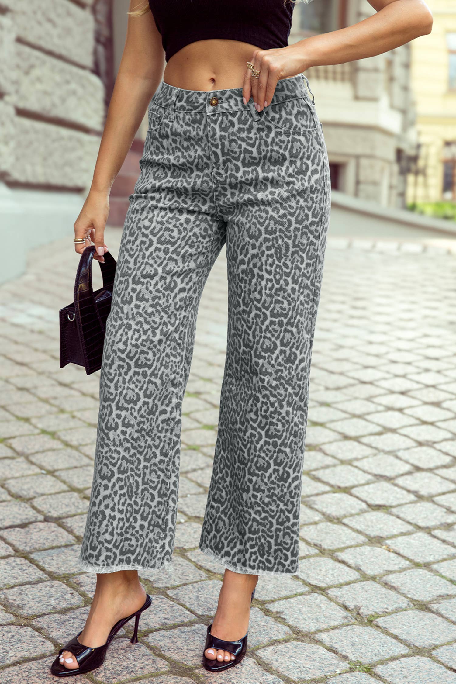 Leopard /Polka Dot Frayed Edge Wide Leg High Waist Jeans
