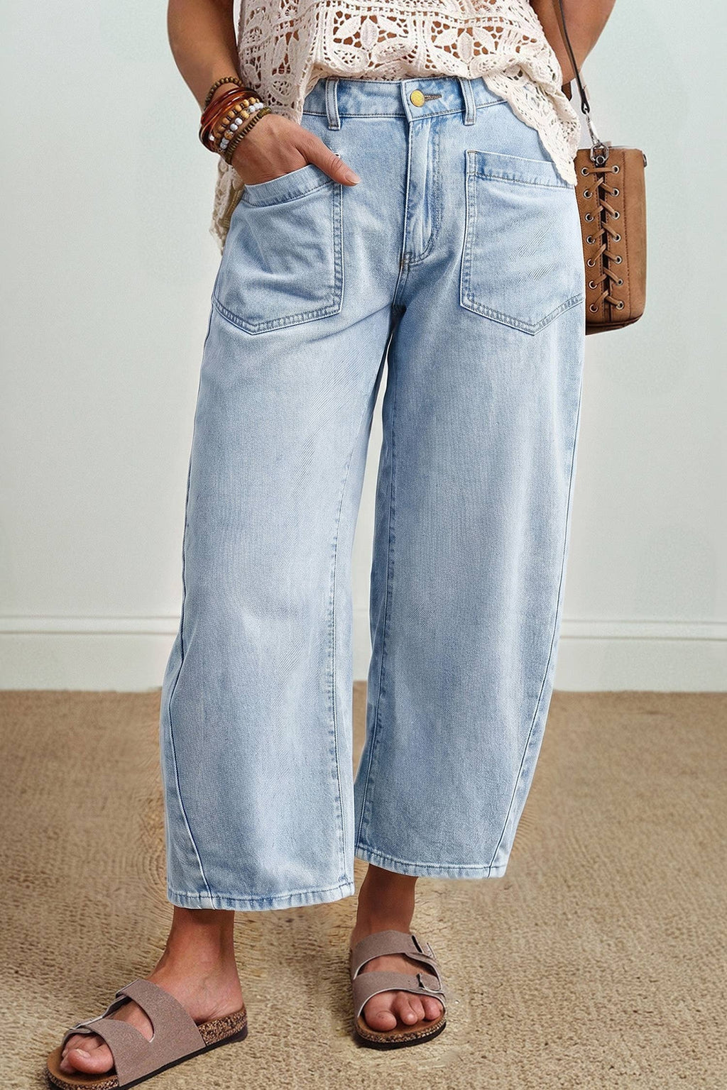 Solid Color Square Patch Pocket Ankle-length Barrel Jeans