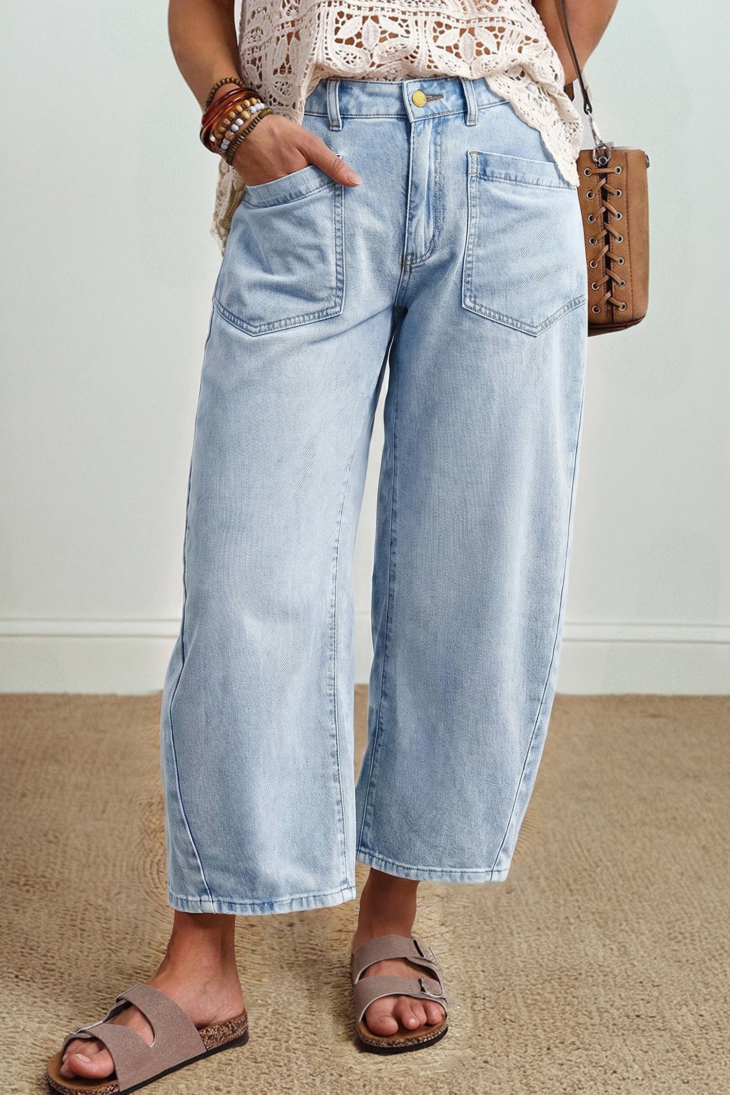 Solid Color Square Patch Pocket Ankle-length Barrel Jeans