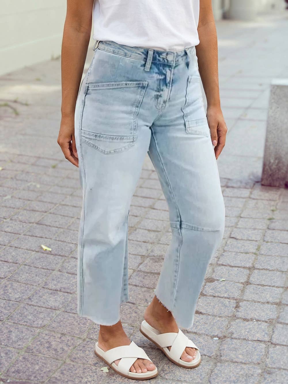 Solid Frayed Regular Cropped Light Wash Denim Jeans 4-4X