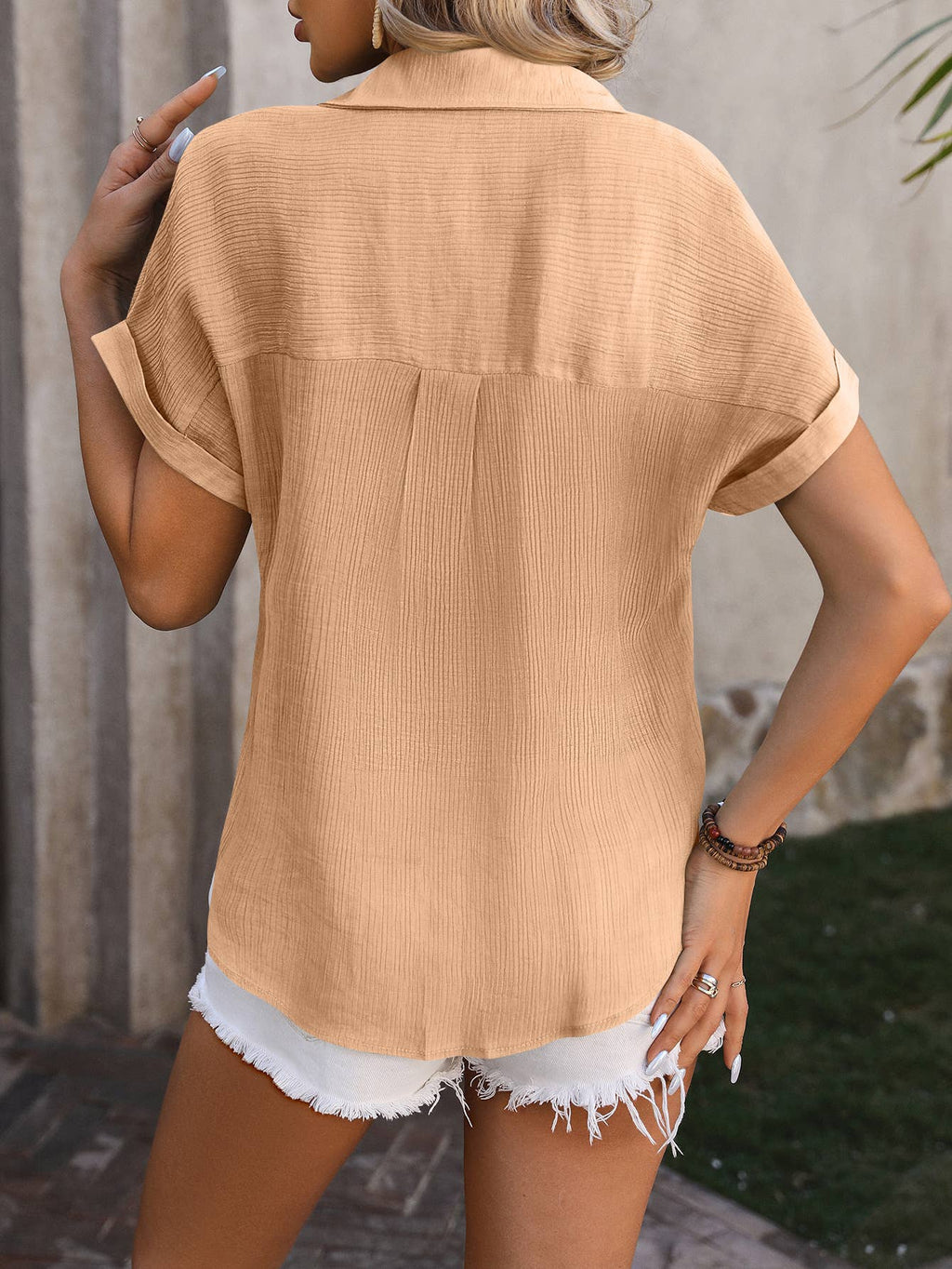 Plisse Button Up Short Sleeve Shirt G5-TP7006