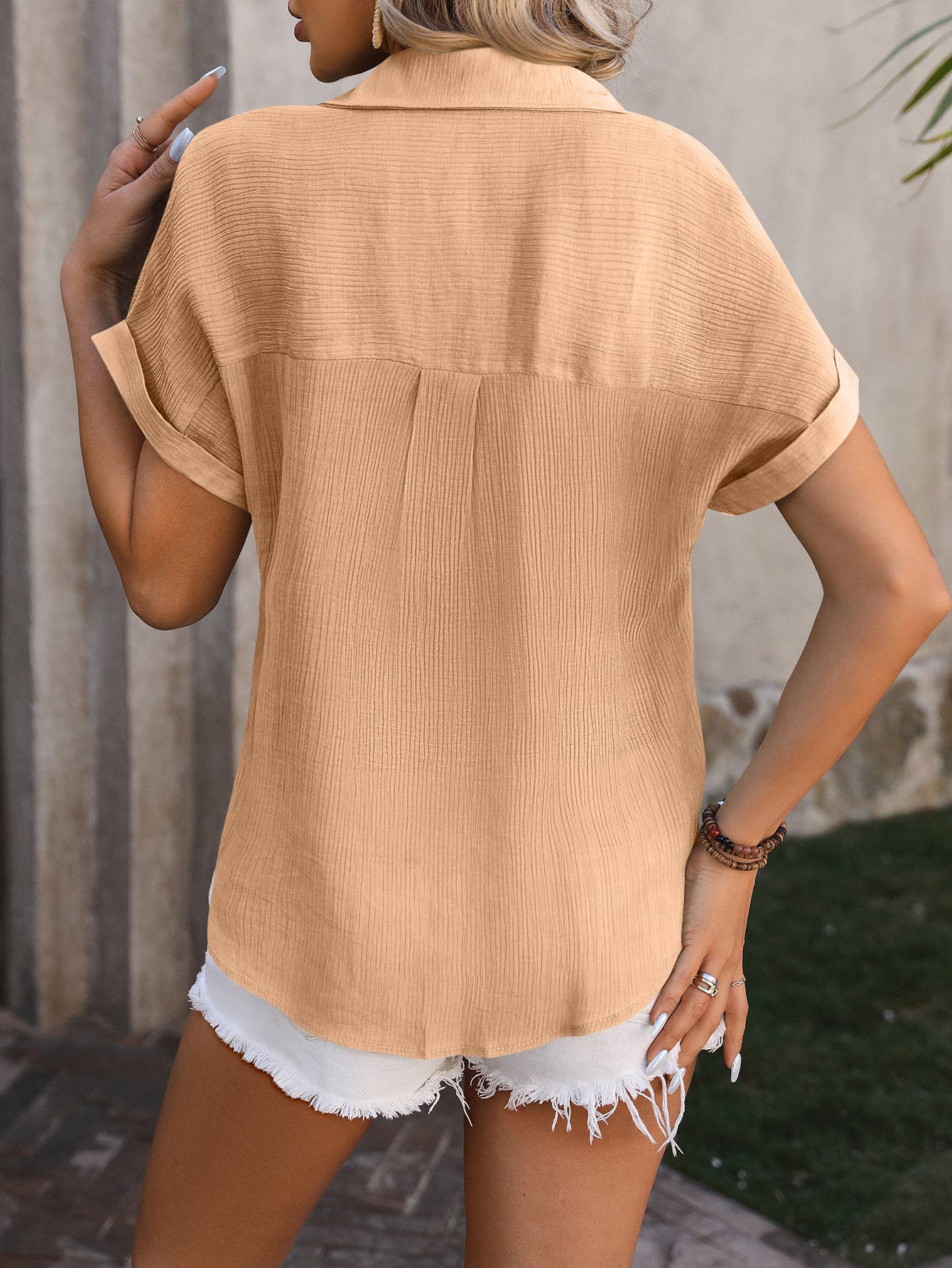 Plisse Button Up Short Sleeve Shirt G5-TP7006