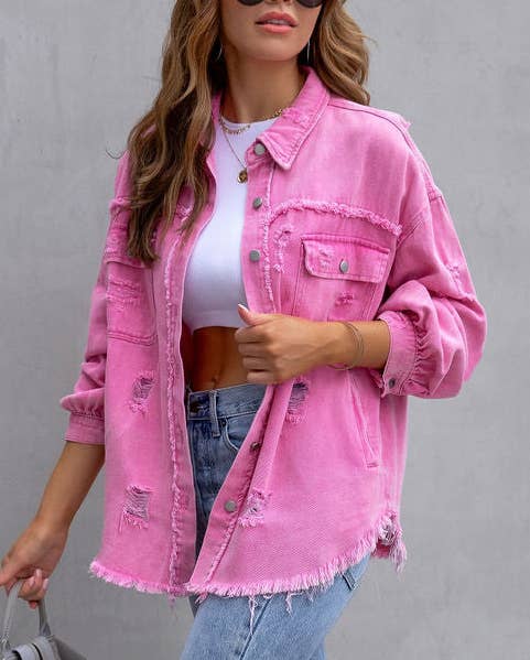 Ripped Long-Sleeved Denim Jacket