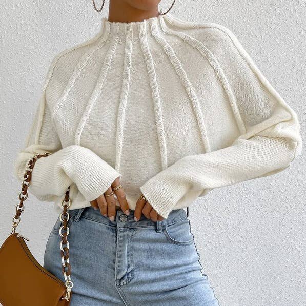 Wide Ribbed Mock neck Batwing Sleeve knit sweater