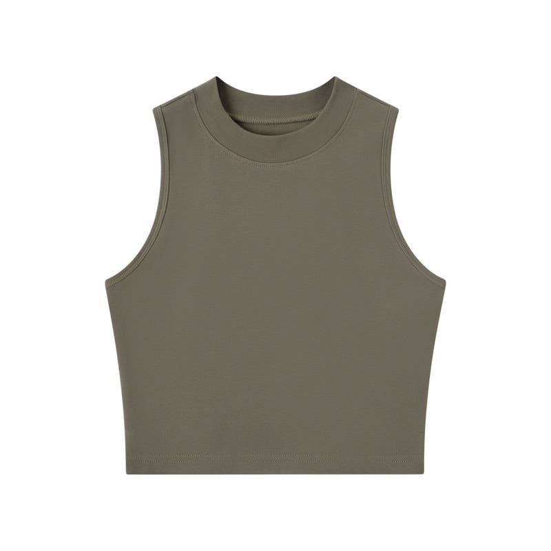 Basic Essential cotton blend fitted high neck crop tank top