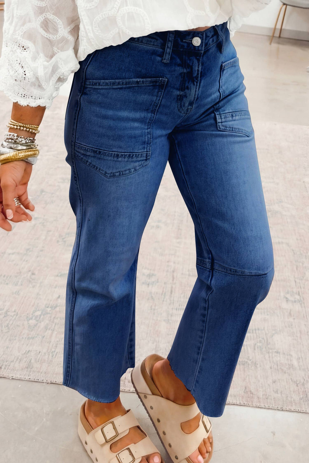 Solid Frayed Regular Cropped Light Wash Denim Jeans 4-4X