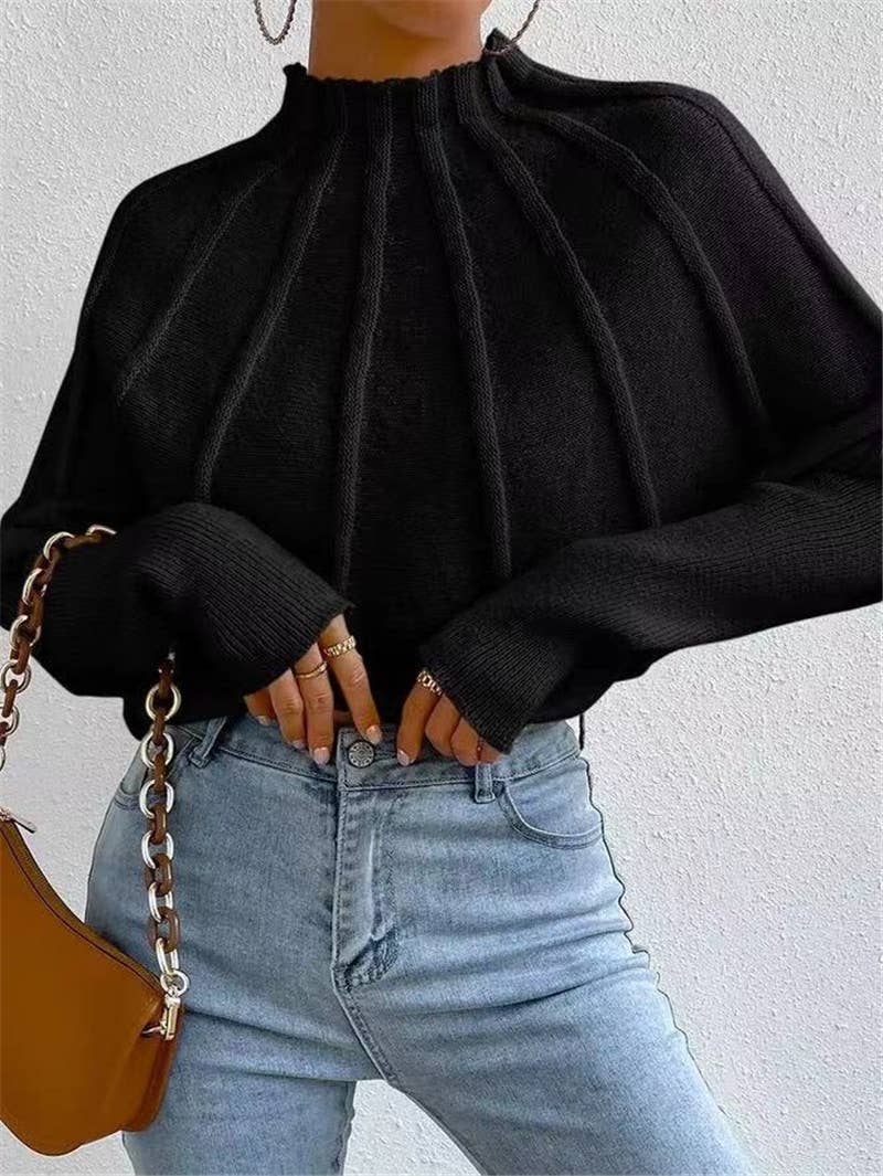 Wide Ribbed Mock neck Batwing Sleeve knit sweater