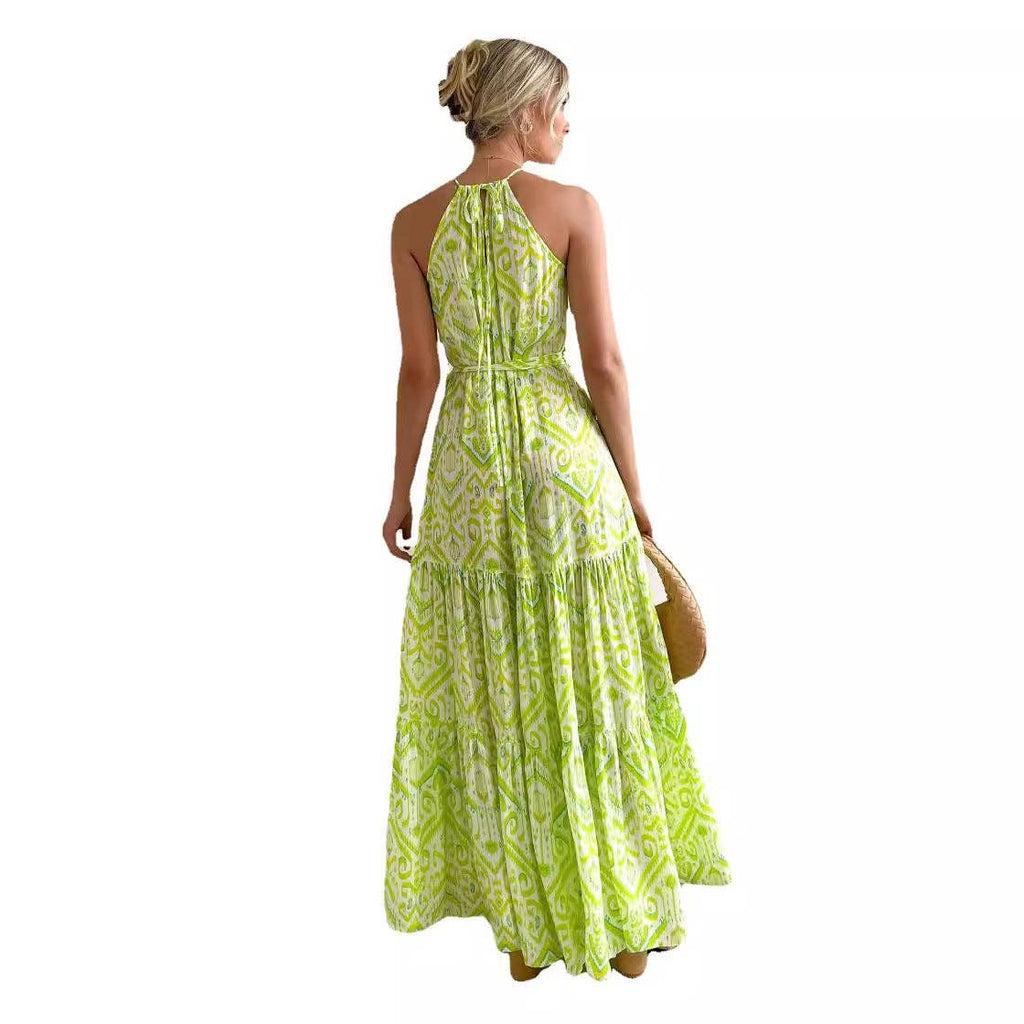 Women High Waist Beach Print Halter Dress