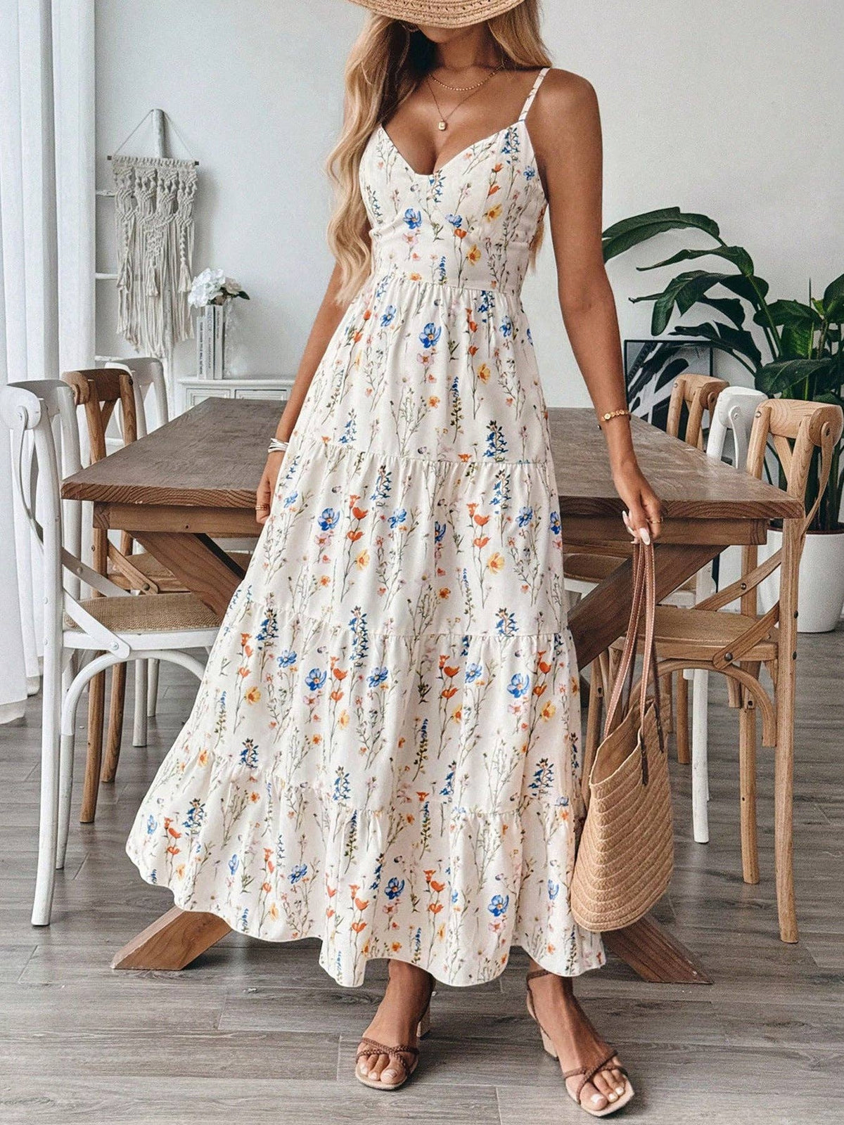 womens sleeveless midi dress 2026 Women The Resort Strappy Color:Warm Floral Storage & Cabinets calf length sleeveless tiered CD Fitted Off The