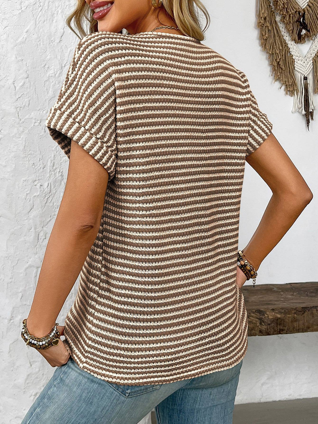 V-neck loose striped casual pullover T-shirt